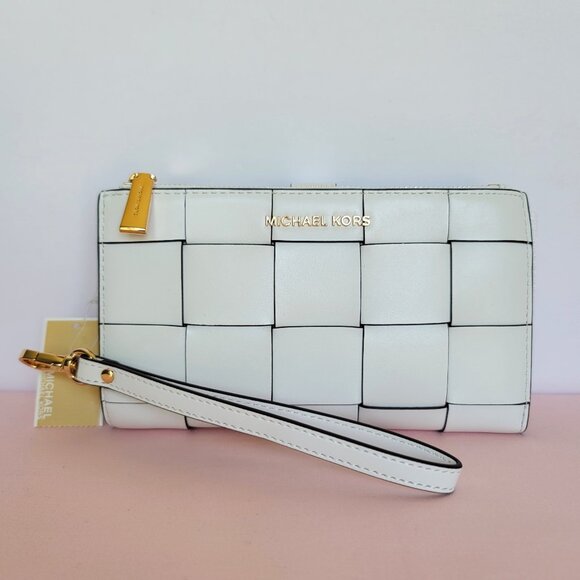 MICHAEL KORS Jet Set Double Zip Woven Leather Wristlet- Optic White 🎈$108.⭐ - Picture 1 of 16